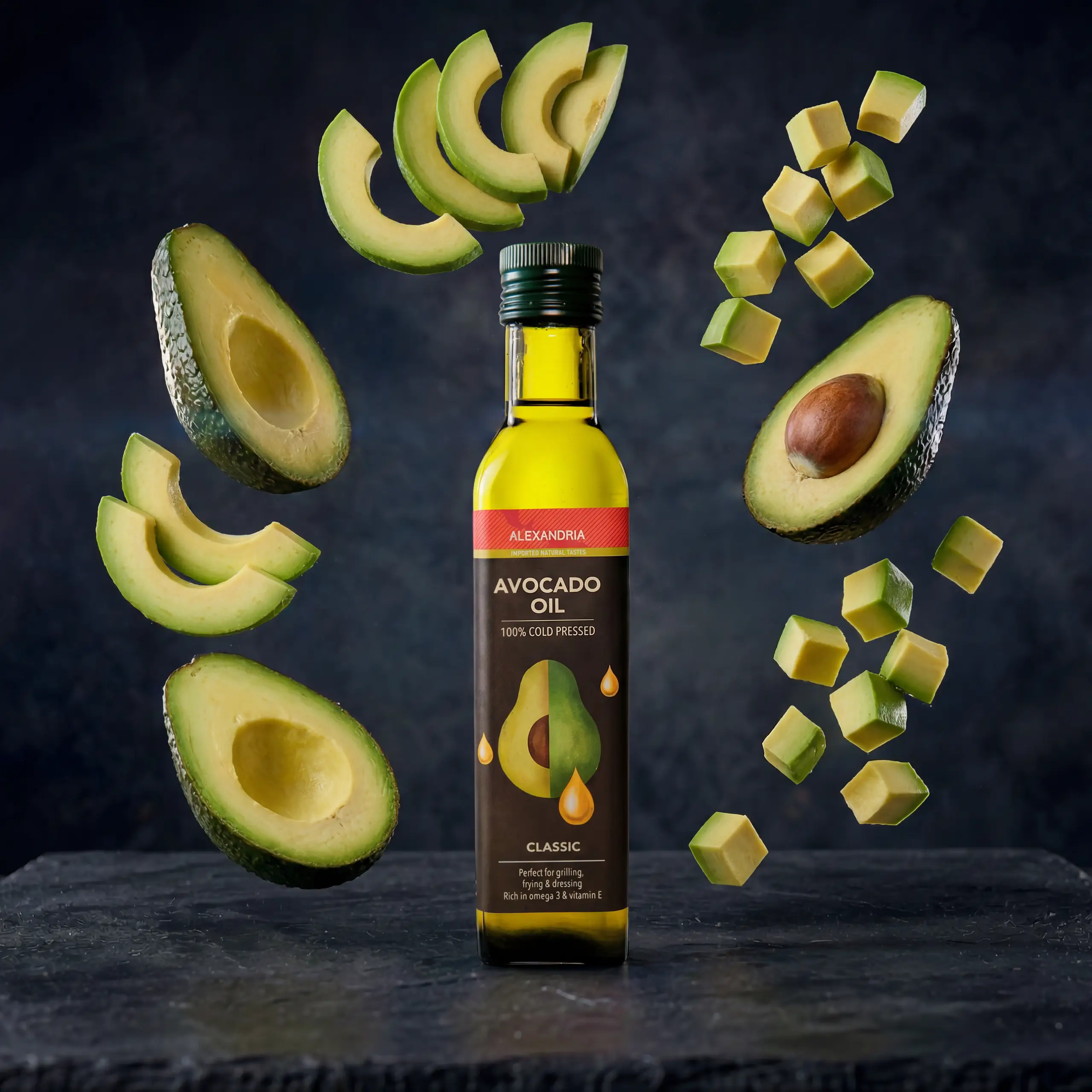 Alexandria avocado oil bottle with avocado composition